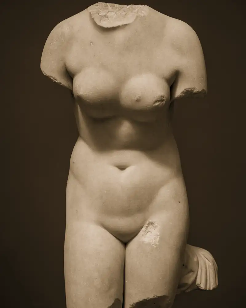 A classical marble sculpture of a female torso, lit softly from the left